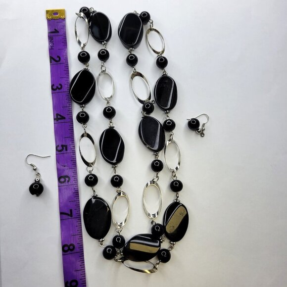 Black Beaded Necklace and Earrings Long Necklace - Picture 5 of 7